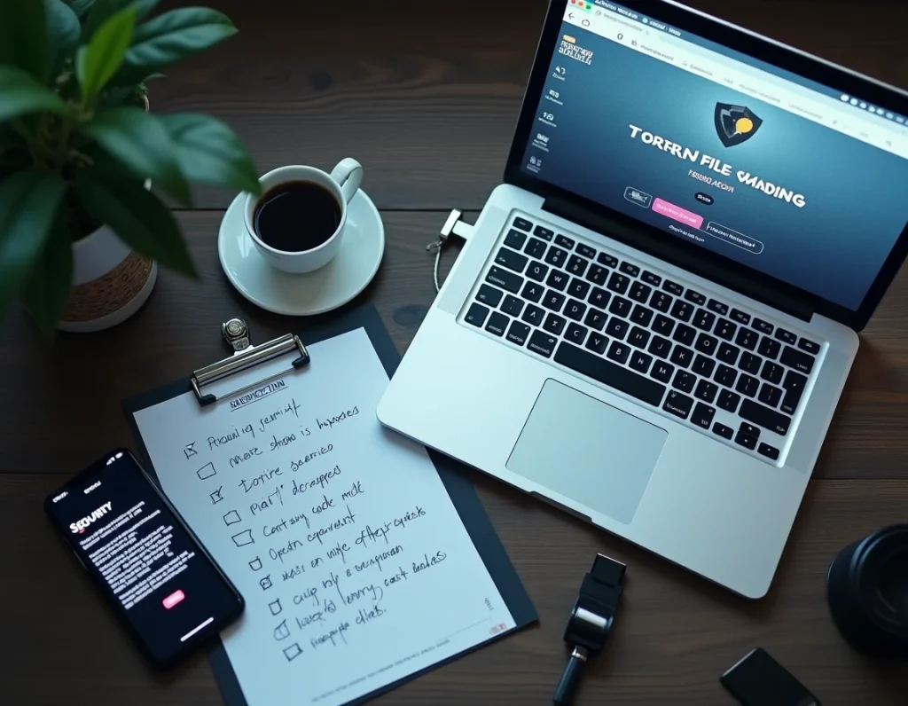 Vue aérienne d'un bureau avec un ordinateur portable affichant un site de partage de fichiers, une clé USB et des notes manuscrites sur les précautions de cybersécurité