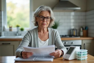 Femme âgée comparant des équipements médicaux à domicile dans sa cuisine avec un catalogue et un tensiomètre sur la table