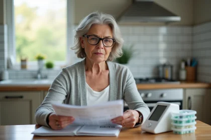 Femme âgée comparant des équipements médicaux à domicile dans sa cuisine avec un catalogue et un tensiomètre sur la table