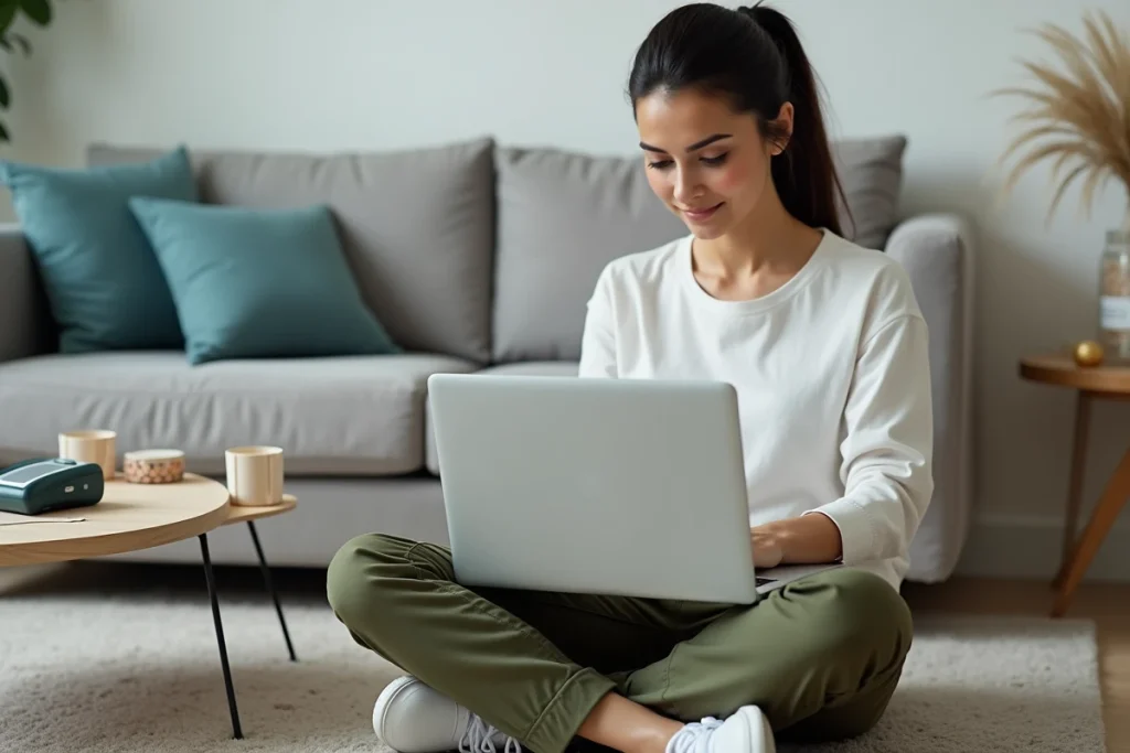 Jeune femme comparant des équipements médicaux à petit prix en ligne depuis son salon avec plusieurs appareils disposés autour d'elle