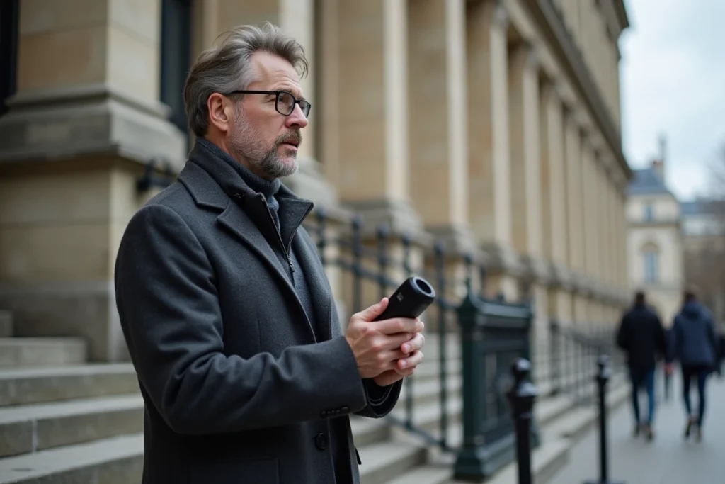 Journaliste politique interviewant une source devant un bâtiment institutionnel parisien, enregistreur tendu en main