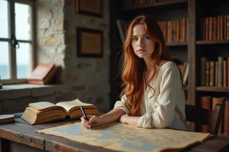 Jeune femme aux cheveux auburn étudiants des cartes nautiques anciennes dans un bureau côtier atmosphérique, évoquant l'univers de Portgas D. Rouge