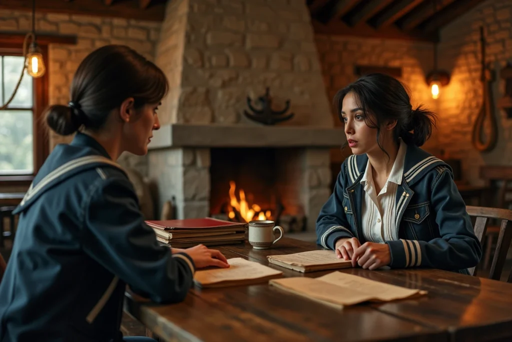 Deux femmes en discussion animée autour de documents anciens dans une taverne maritime rustique, scène d'analyse narrative inspirée de Portgas D. Rouge