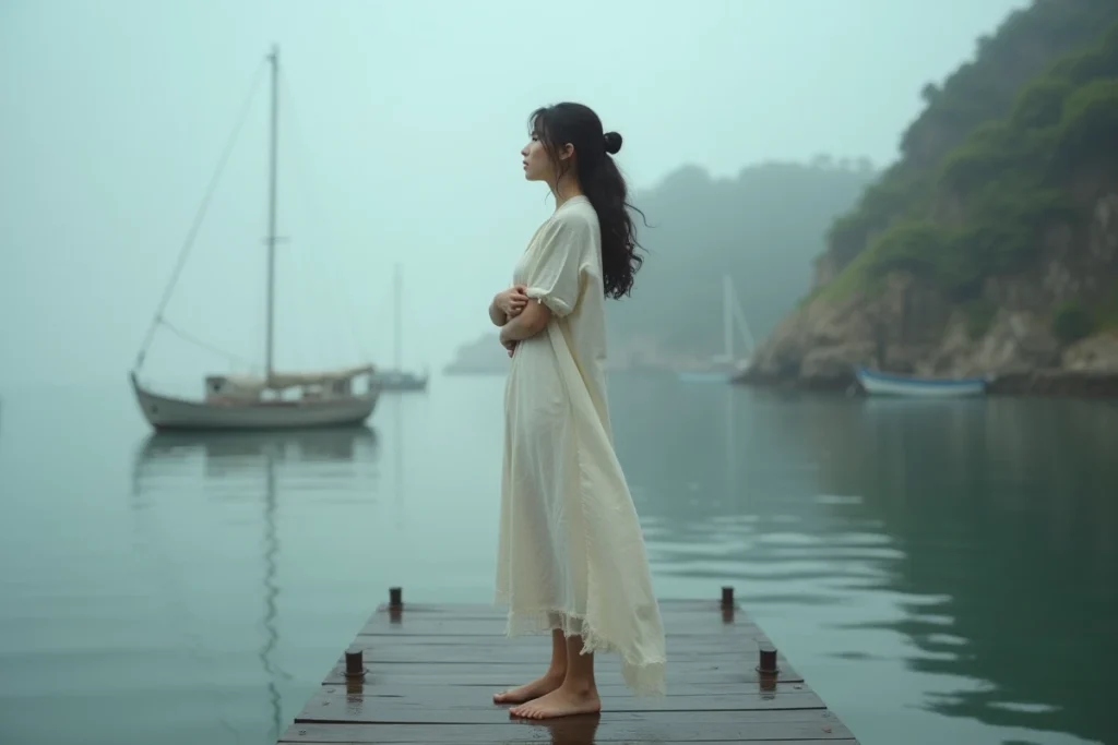 Femme debout sur un quai mouillé face à la mer grise, posture protectrice et regard vers l'horizon, illustration symbolique de Portgas D. Rouge