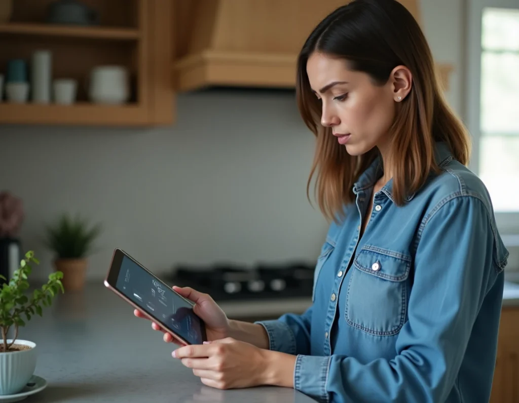 Femme consultant une tablette avec une application VPN ouverte dans une cuisine moderne, illustrant les précautions à prendre face aux sites de téléchargement à risque