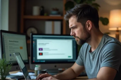 Homme assis devant un ordinateur portable affichant des avertissements de téléchargement suspect, illustrant les risques des sites de téléchargement illégaux