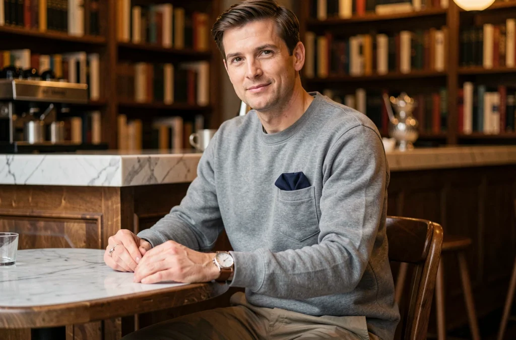 Homme en sweatshirt gris avec montre en cuir et pochette marine dans un café, illustration des accessoires qui transforment une tenue simple