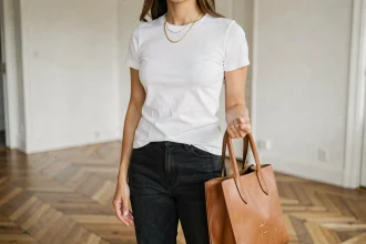 Femme portant une tenue basique blanche et jean avec accessoires dorés et sac en cuir camel pour sublimer un look simple