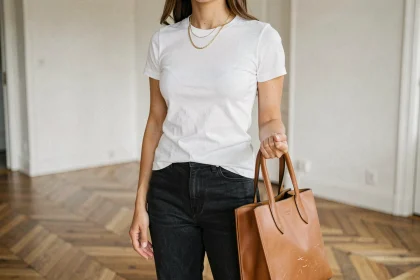 Femme portant une tenue basique blanche et jean avec accessoires dorés et sac en cuir camel pour sublimer un look simple