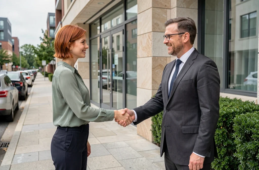 Une jeune femme signe un accord avec un agent immobilier devant un immeuble résidentiel moderne lors d'un premier achat