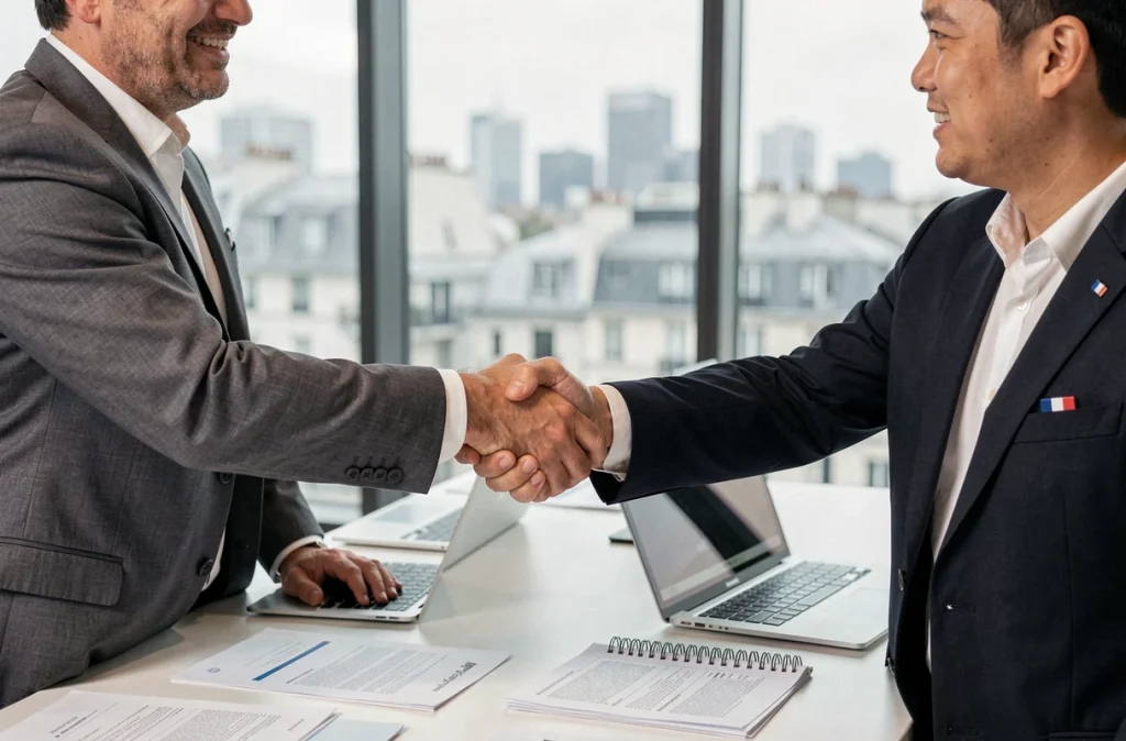 Poignée de main entre un entrepreneur français et un investisseur international lors d'un accord de financement dans un espace de co-working
