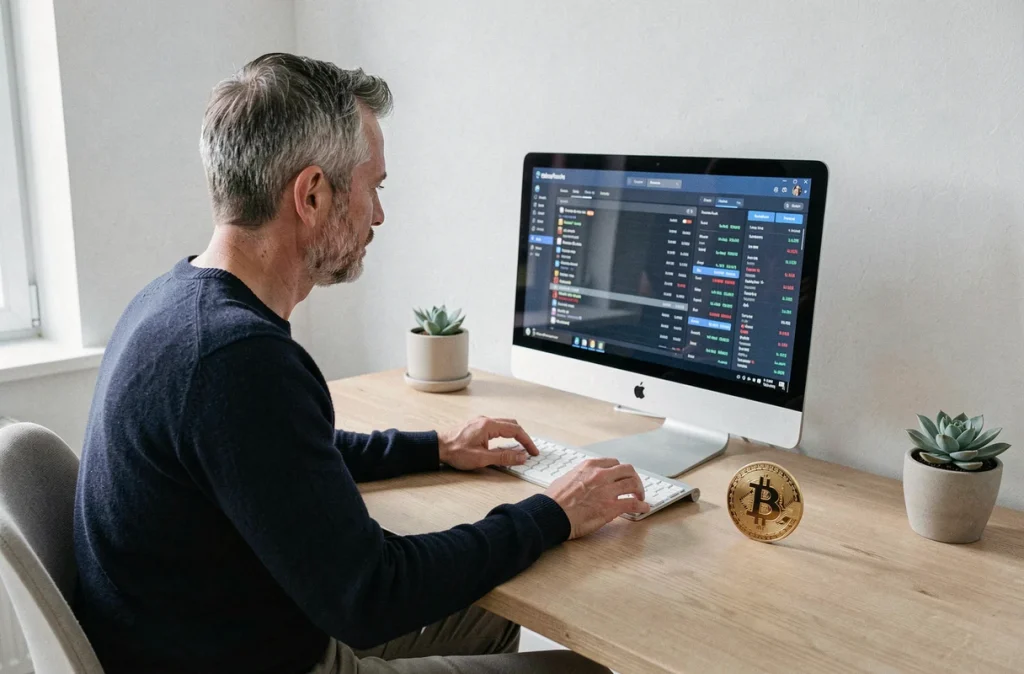 Homme consultant une plateforme de cryptomonnaie sur son ordinateur dans un bureau à domicile