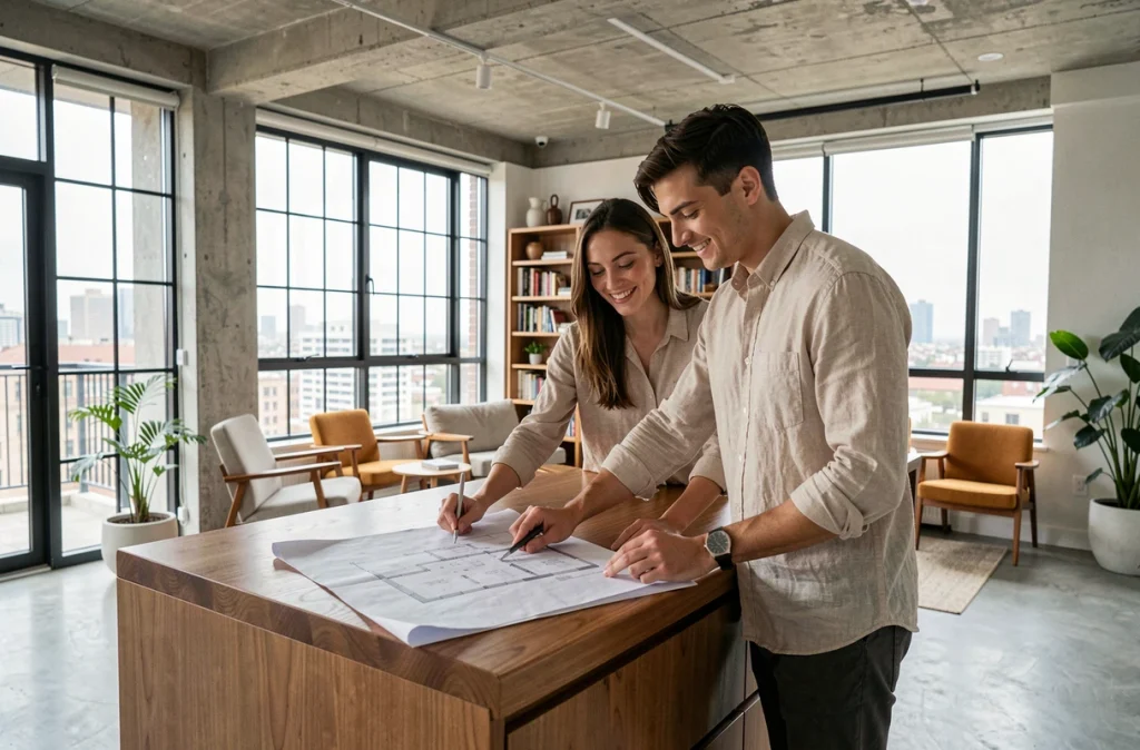 Couple de jeunes acheteurs urbains découvrant un appartement au design architectural contemporain avec béton et acier