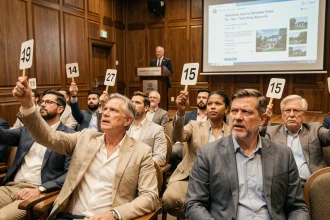 Groupe d'acquéreurs levant des panonceaux lors d'une vente aux enchères immobilières dans une salle de vente officielle