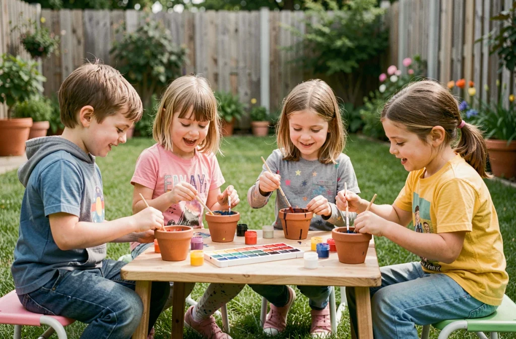 Enfants participant à un atelier créatif de peinture lors d'un anniversaire en plein air dans le jardin
