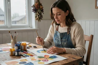 Femme faisant de la peinture aquarelle à une table en bois rustique un dimanche pluvieux, activité manuelle créative à la maison