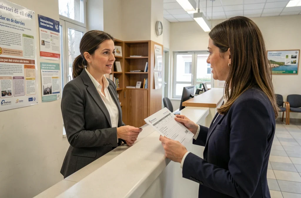 Adjointe au maire en discussion administrative dans un hall de mairie française avec un document officiel