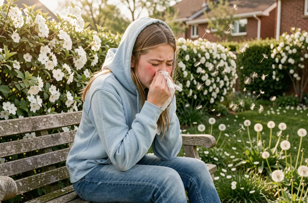 Adolescente éternuant dans un jardin fleuri au printemps entouré de pollen de pissenlits, souffrant d'allergies saisonnières