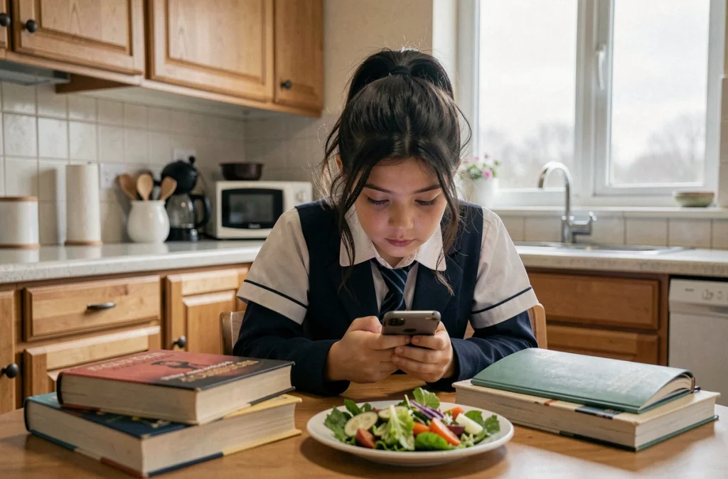 Adolescente sédentaire concentrée sur son smartphone à la maison après l'école, symbolisant le manque d'activité physique et ses conséquences sur la santé