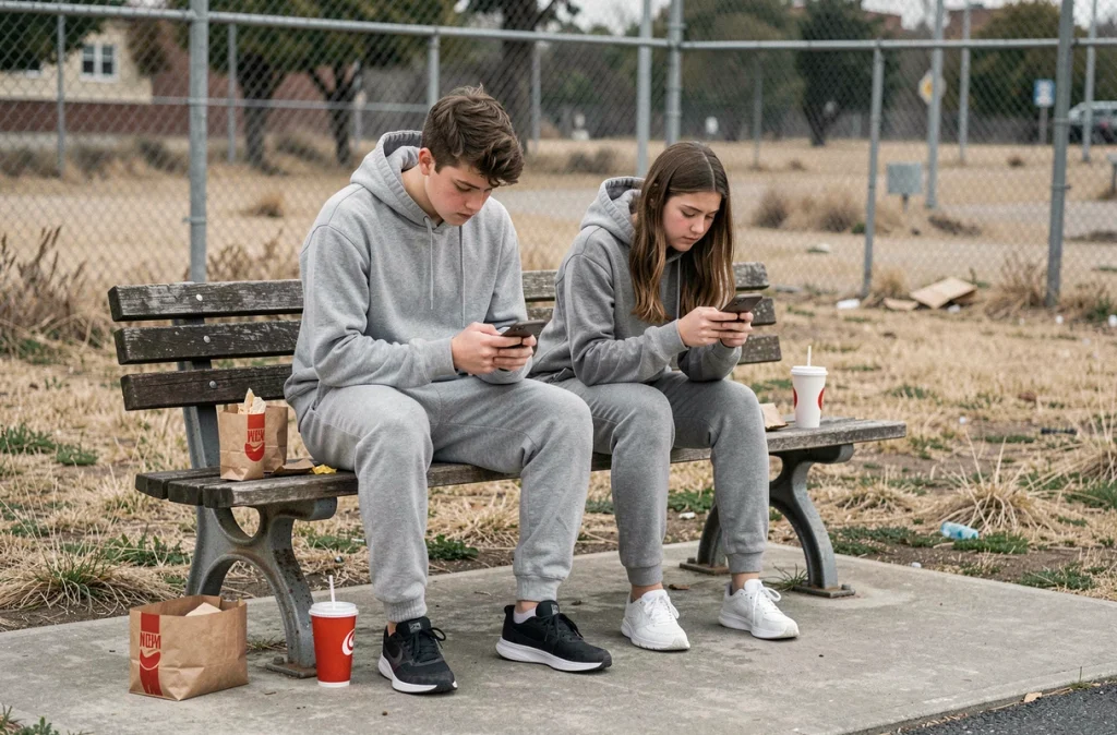 Deux adolescents inactifs assis sur un banc de parc avec des repas fast-food et leurs téléphones, illustrant la sédentarité et les mauvaises habitudes alimentaires favorisant l'obésité