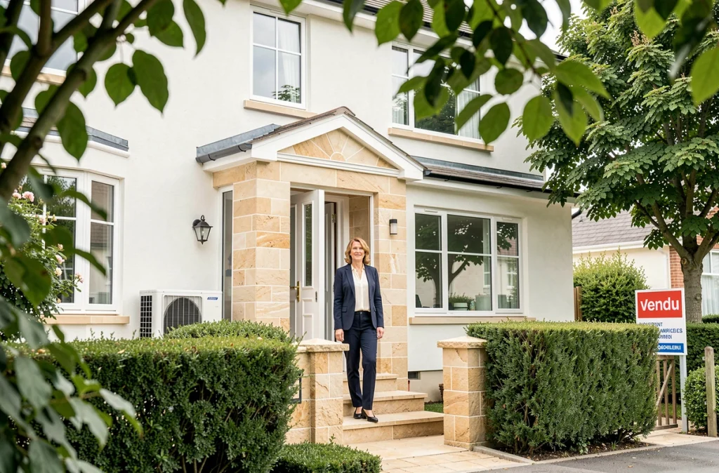 Agente immobilière devant une maison rénovée avec double vitrage et pompe à chaleur affichant un panneau vendu