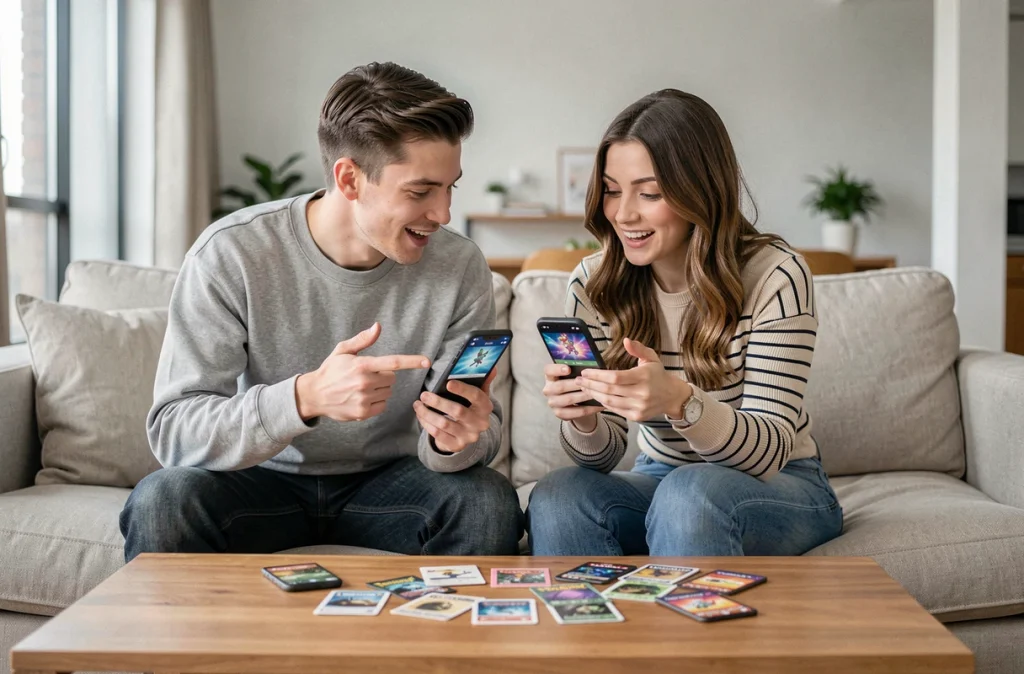 Deux amis comparant leurs decks Pokémon Pocket sur smartphones assis sur un canapé avec des cartes Pokémon éparpillées sur la table basse