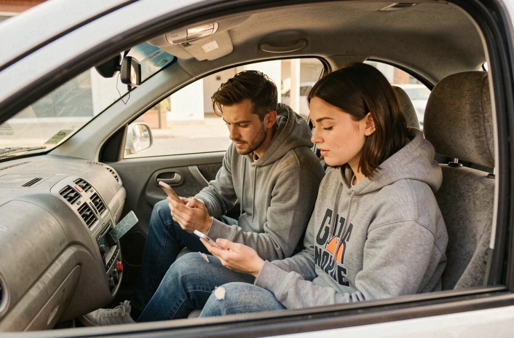 Deux jeunes amis consultant un smartphone à l'intérieur d'une voiture d'occasion avant achat