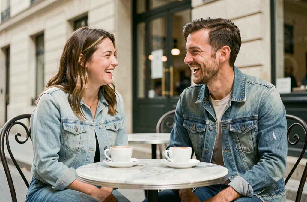 Deux amis portant des vestes en jean différentes à une terrasse de café parisien dans une ambiance décontractée