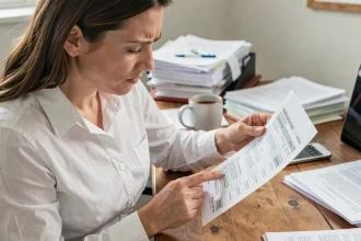Femme qui analyse sa fiche de paie ligne par ligne à son bureau à domicile