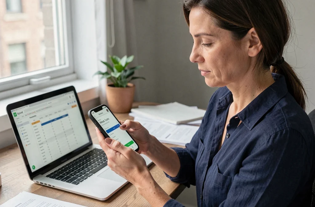 Femme consultant une application de budget mobile à son bureau pour gérer ses finances personnelles