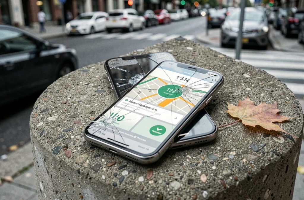 Application mobile de gestion du stationnement affichée sur un smartphone posé sur un horodateur urbain