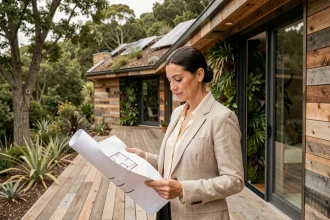 Femme architecte sur la terrasse en bois d'une maison éco-responsable moderne avec mur végétal et panneaux solaires