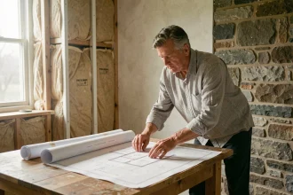 Architecte examinant des plans de rénovation énergétique dans une maison en cours de travaux, entre matériaux anciens et isolation moderne