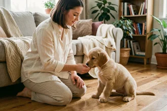 Jeune femme faisant connaissance avec un chiot golden retriever dans un salon familial chaleureux