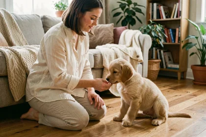 Jeune femme faisant connaissance avec un chiot golden retriever dans un salon familial chaleureux