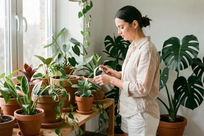 Femme arrosant ses plantes d'intérieur en été près d'une fenêtre ensoleillée
