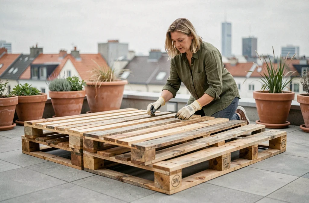 Femme assemblant des palettes en bois pour créer un canapé de jardin sur une terrasse urbaine
