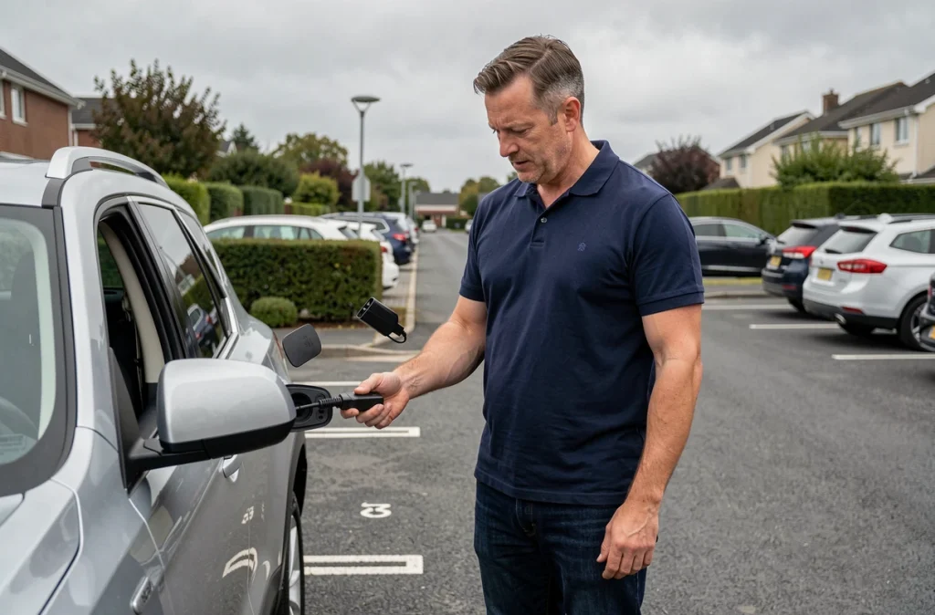 Homme tenant un boîtier télématique OBD avant de le brancher dans son SUV pour activer son assurance auto connectée