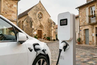Borne de recharge pour véhicule électrique installée sur une place de village rural français avec architecture en pierre traditionnelle