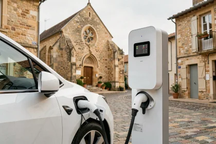 Borne de recharge pour véhicule électrique installée sur une place de village rural français avec architecture en pierre traditionnelle