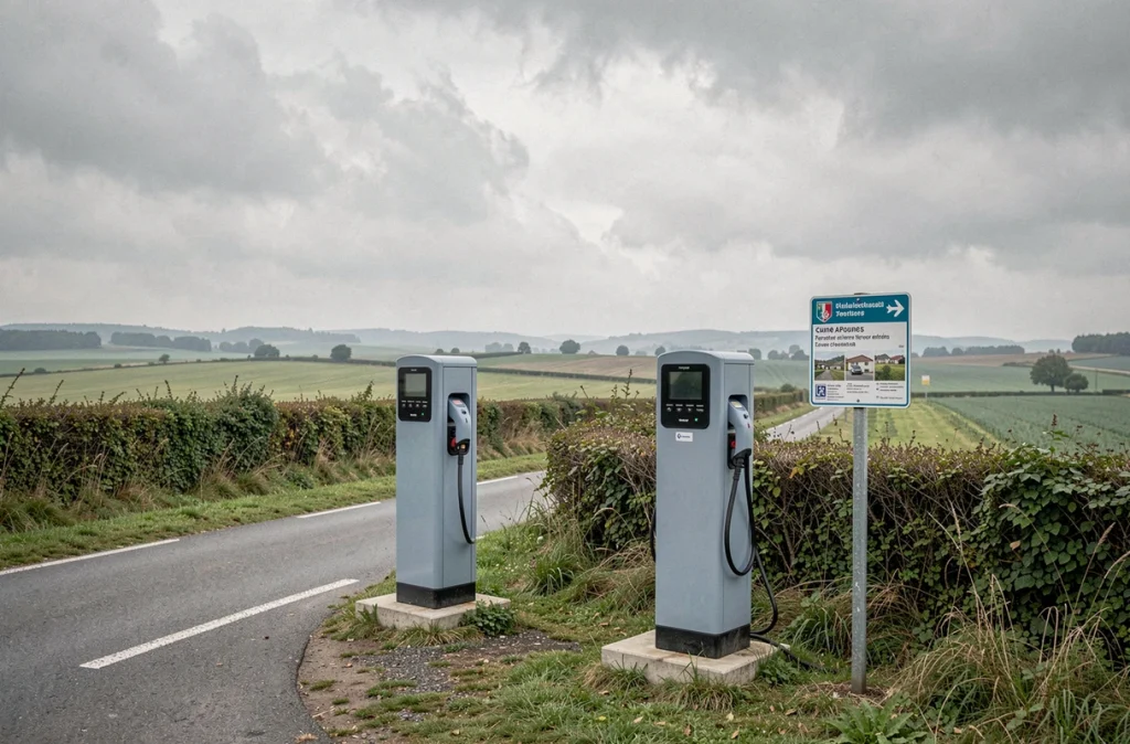 Bornes de recharge électrique installées en bord de route dans un paysage agricole rural français