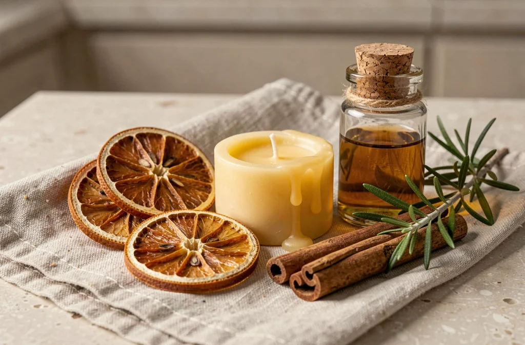 Composition naturelle de bougie en cire d'abeille, huiles essentielles, tranches d'orange séchées et épices pour parfumer l'intérieur de façon écologique