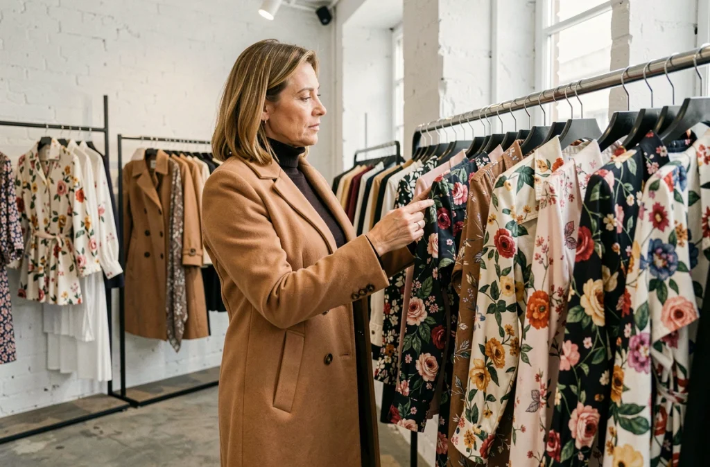 Femme élégante découvrant des vêtements à imprimés floraux dans une boutique de mode contemporaine
