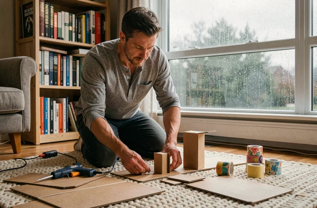Homme réalisant une activité de bricolage créatif avec du carton et de la colle sur le sol d'un salon cosy par temps de pluie