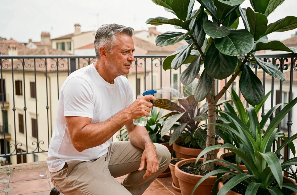 Homme brumisant ses plantes tropicales sur un balcon par temps de forte chaleur