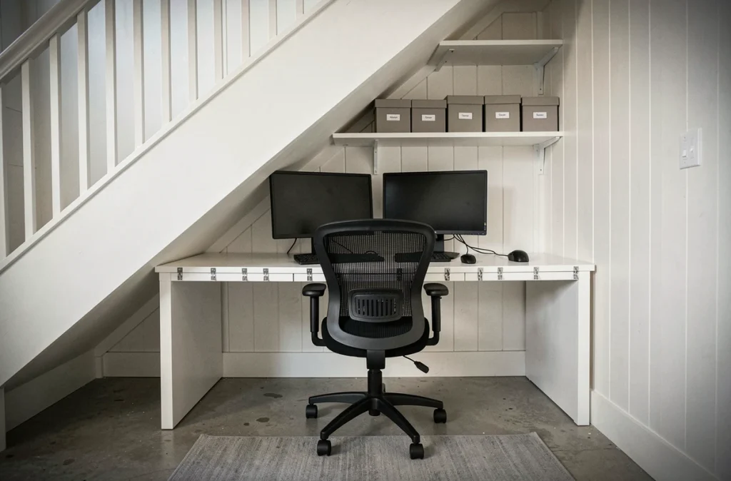 Bureau aménagé sous un escalier dans une petite maison urbaine avec bureau blanc sur mesure, chaise ergonomique noire et rangements intégrés dans les étagères inclinées