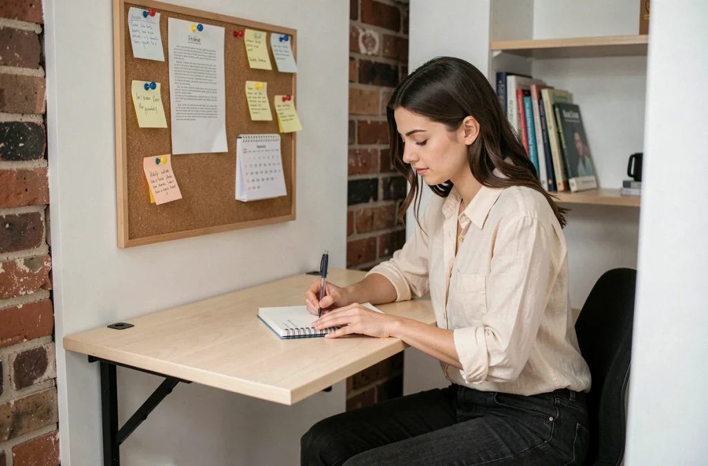 Jeune femme travaillant à un bureau rabattable en bois de bouleau fixé au mur dans un petit appartement avec tableau en liège et bibliothèque encastrée