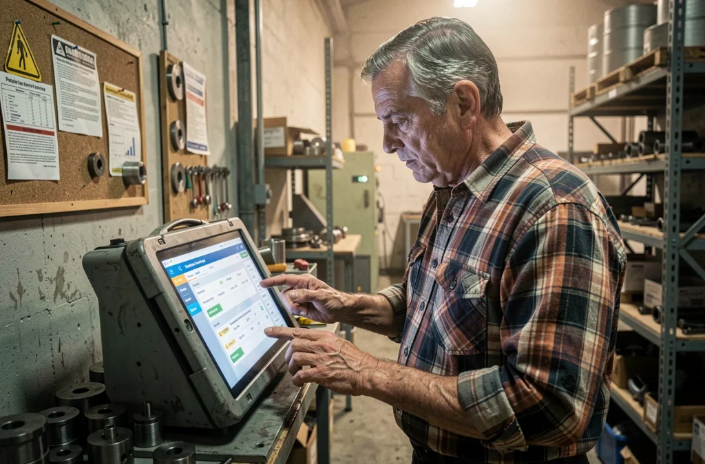 Chef d'atelier d'une PME industrielle consultant une application de gestion de production sur tablette numérique, représentant la modernisation digitale des entreprises traditionnelles