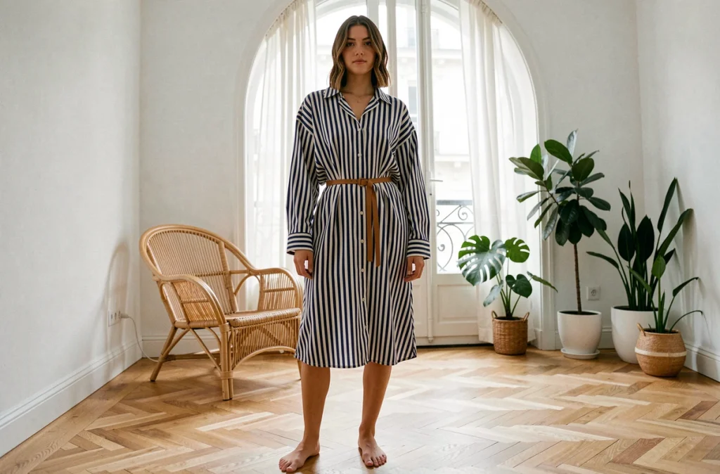 Femme portant une chemise oversize rayée ceinturée comme une robe dans un appartement parisien moderne