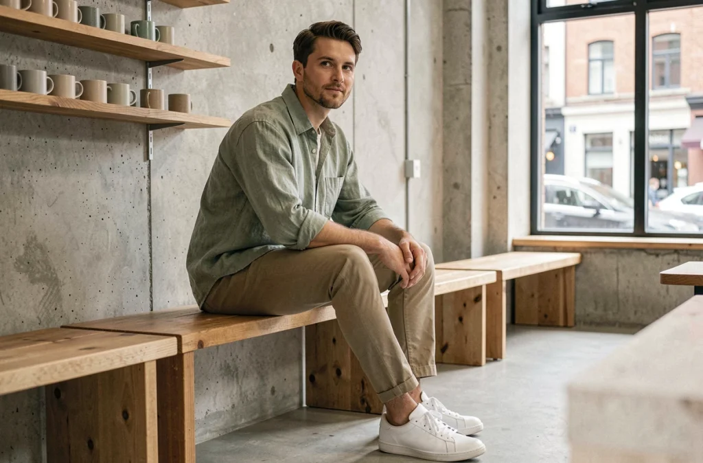 Homme en chemise oversize en lin vert sauge assis dans un café minimaliste au style scandinave